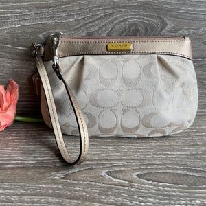 COACH Signature Lurex Metallic Wristlet Wallet Cream Gold